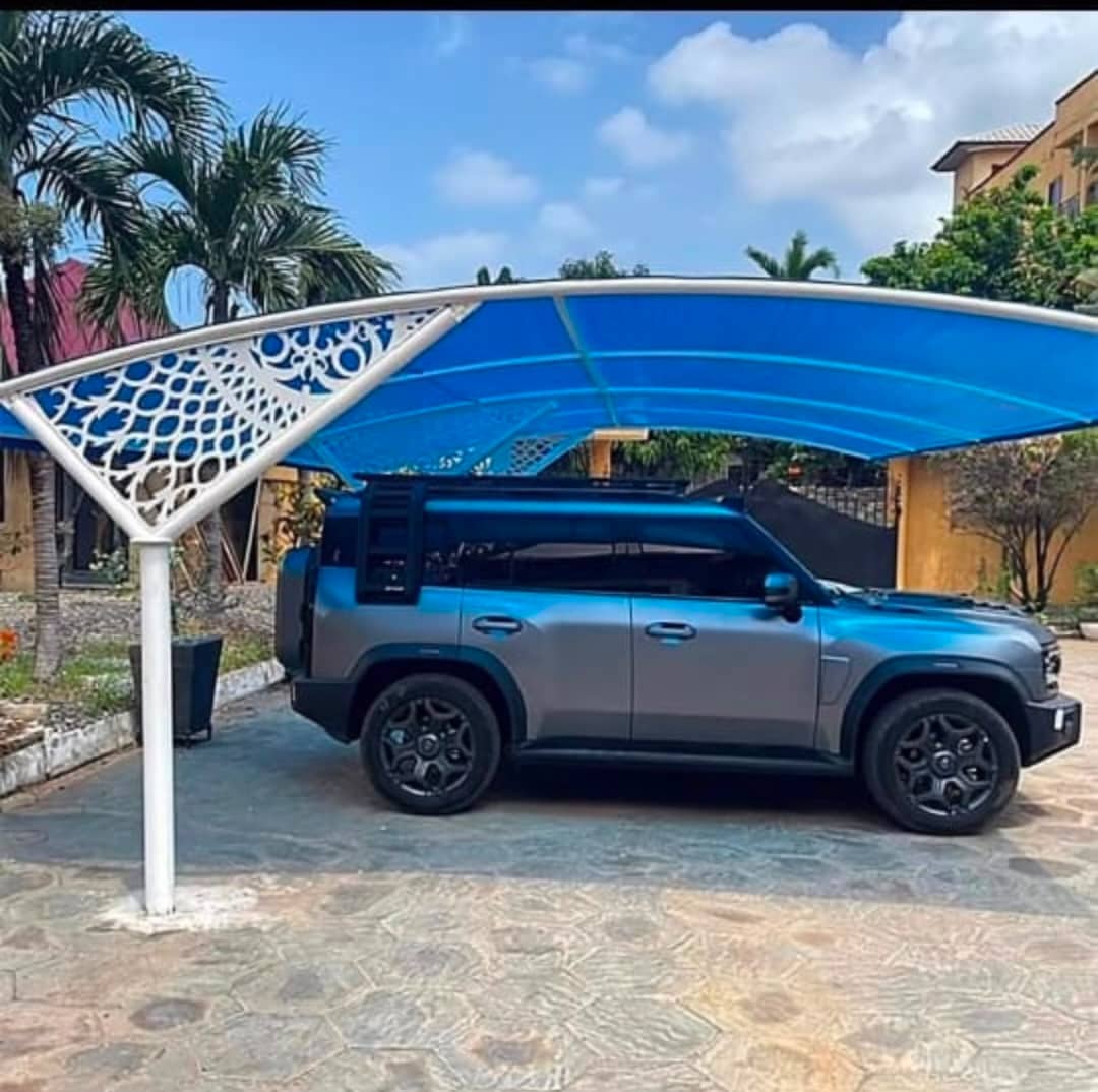 A blue polycarbonate double-bay cantilever carport on a white steel frame with a decorative laser-cut side panel, an SUV parked underneath on a paved compound