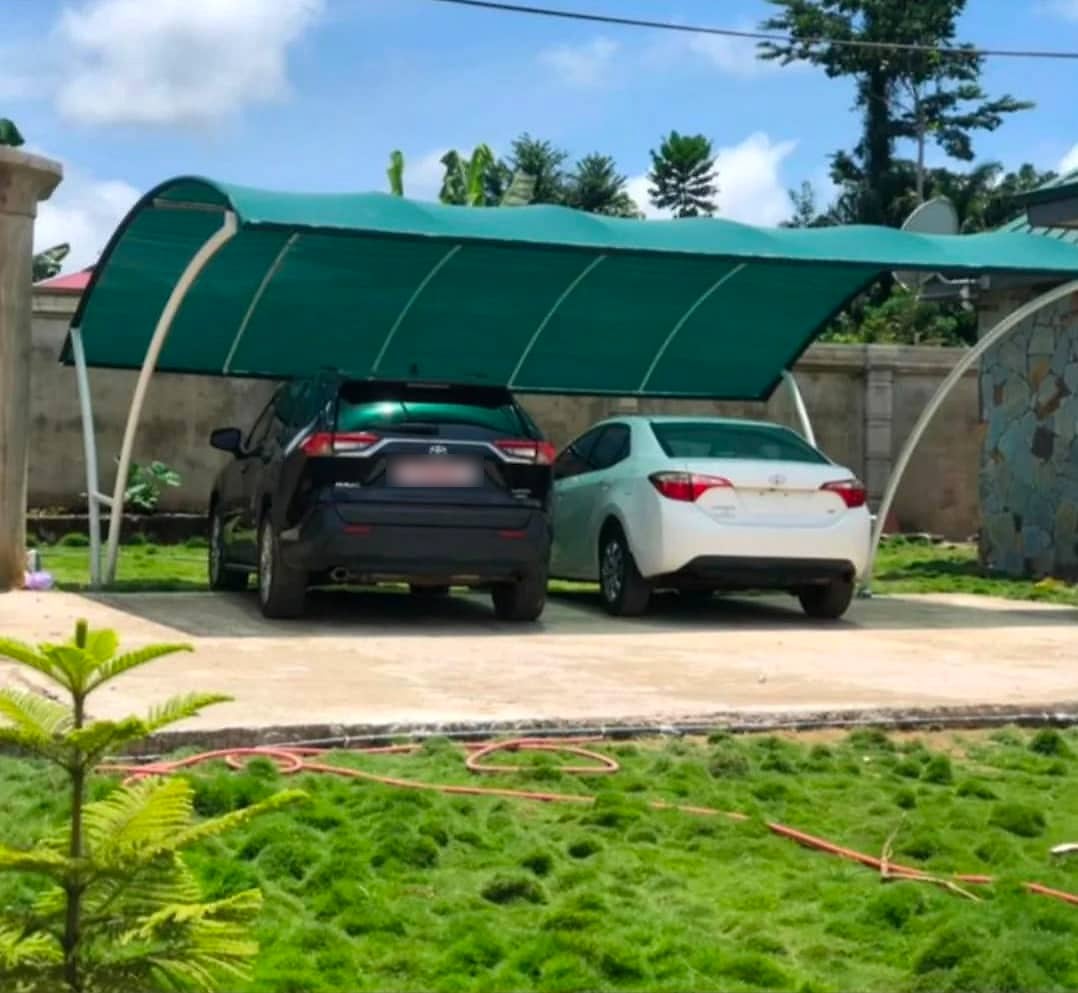 A green arched shade canopy on slim white steel arches, covering a dark SUV and a white saloon on a concrete pad beside a lawn